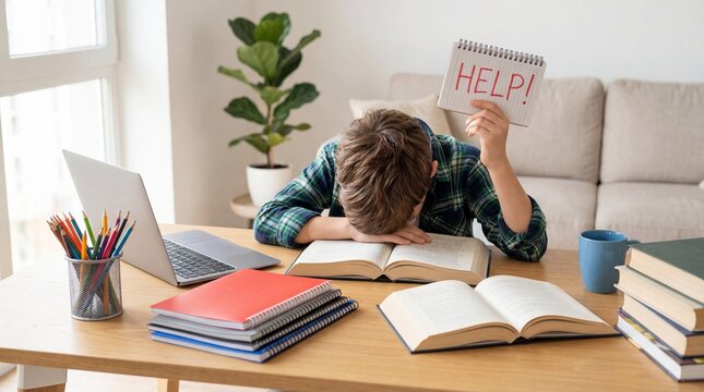 Boy experiencing teenage stress studying at desk in living room