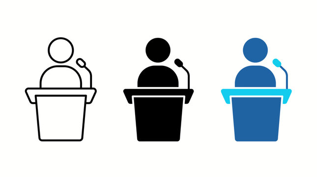 Vector illustration of a podium speaker with a small companion beside them, shown in three color variants (white, black, blue) for presentations and public speaking