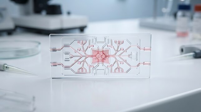 Microfluidic Chip With Red Fluid Channels For Organ On A Chip Research In Modern Laboratory