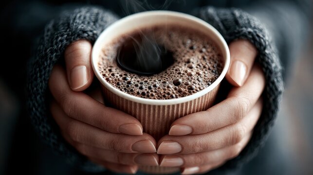 Cozy hands hold a steaming cup of coffee in a warm woolen sweater. Perfect for winter beverage and comfort.
