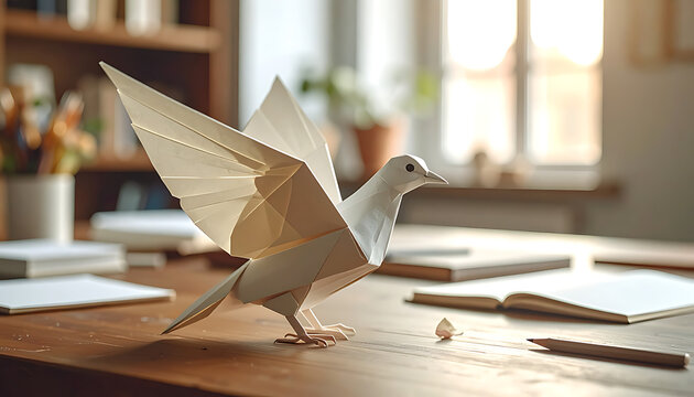 Origami white dove on desk.