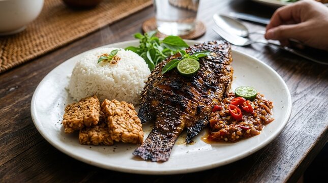 delicious grilled fish with rice and sambal
