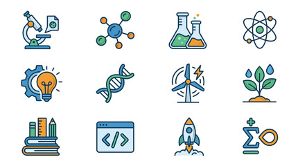 Fototapeta premium Corporate Infographic Icons Set Showcasing Science Innovation Education and Technology in Bright Colorful Line Art