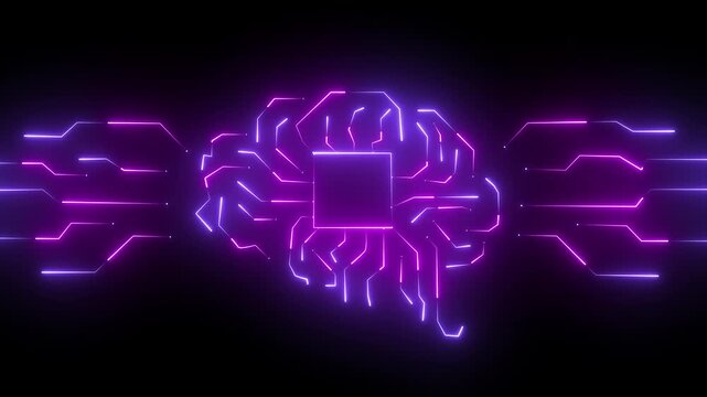 Glowing digital brain network motion graphic with green circuit lines, concept of cloud computing, machine learning, and data processing