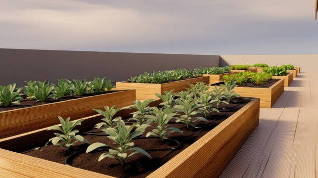 Rooftop garden with wooden planters growing various plants