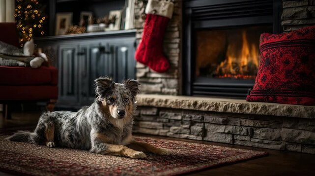 Charming Australian Shepherd dog relaxing on patterned rug in stylish living room, featuring glowing fireplace, Christmas stockings, festive decorations, creating warm, inviting holiday atmosphere