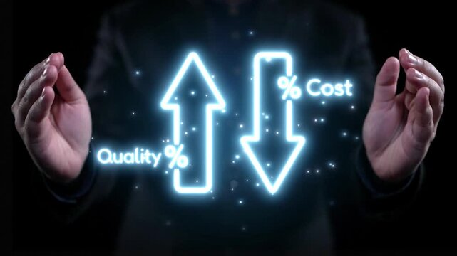 A businessman showcases a digital concept of balancing quality and cost using glowing arrows against a dark background, representing financial strategies and insights. Qubit