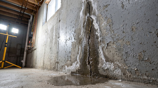 Water leaking from concrete wall crack, with small puddle formed on floor, flowing down damp surface, inside unfinished basement room, property damage photography