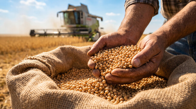 Cupped hands holding raw soybeans, with open burlap sack beneath, displaying fresh crop harvest, in outdoor agricultural field, crop harvest photography