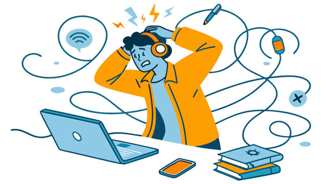 Frustrated man experiencing technical difficulties with laptop and headphones.