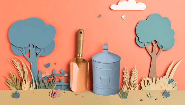 Paper cutout garden tools and trees.