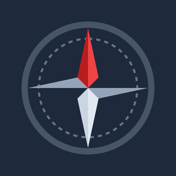 Minimalist flat style navigation compass icon with red north arrow on dark blue background illustration