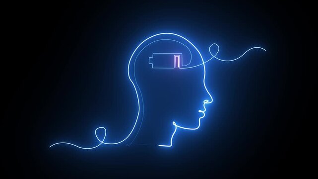 Neon blue line art of a human head profile with a low battery symbol icon on a dark background