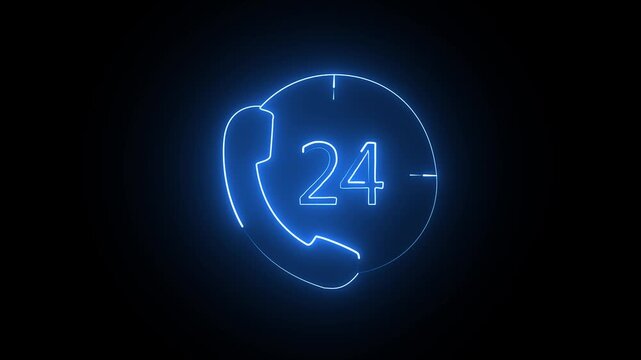 Glowing neon blue twenty four hour customer service phone support icon on a dark black background
