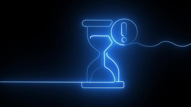 Glowing blue neon hourglass icon with an exclamation mark warning sign on a dark background