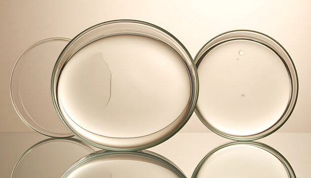 Petri dishes with clear liquid.