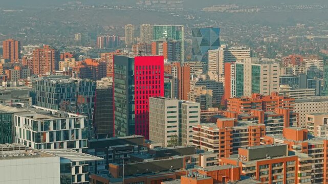 Telephoto aerial view of a mix of office and residential buildings in Las Condes, Santiago, Chile