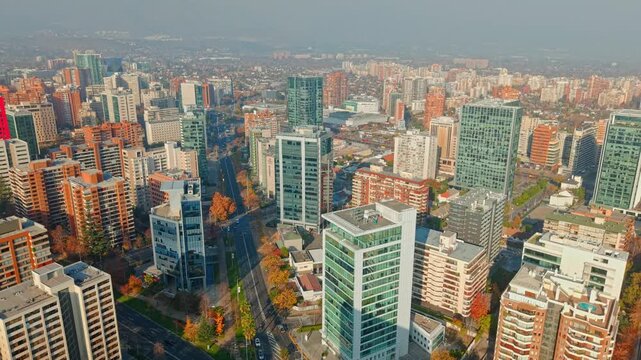 Aerial orbit establishing the upper-middle-class buildings in Las Condes, residential buildings in Santiago, Chile