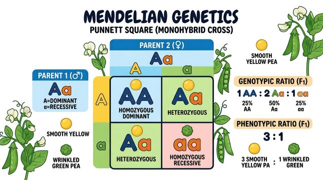 Mendelian genetics Punnett square diagram. Monohybrid cross chart for biology education.