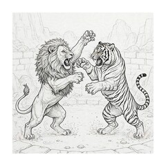 Obraz premium Lion and Tiger Fighting Line Art Illustration