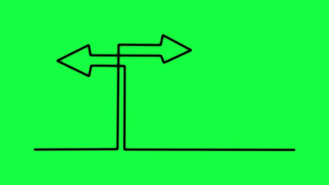 Animated line art split directional signpost on black background, business strategy and path choice concept