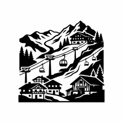 Obraz premium Ski resort village with cable cars and mountains.