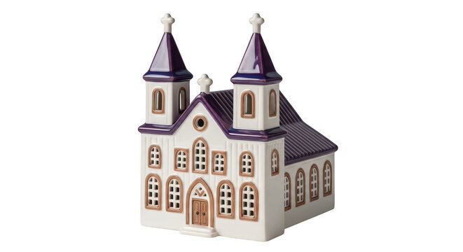 Small white church building with two towers and purple roof isolated graphic icon isolated on transparent background