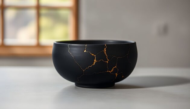 A high-resolution, professional product photograph capturing a Kintsugi bowl centered on a clean, light-colored surface, featuring a matte-black ceramic bowl repaired with intricate, gleaming gold vei