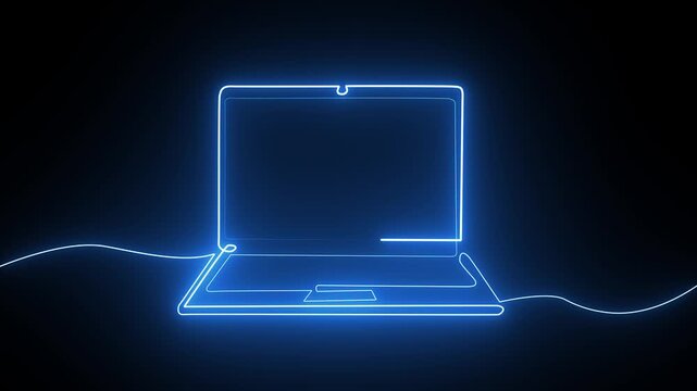 Glowing blue neon outline of a laptop computer on a dark background