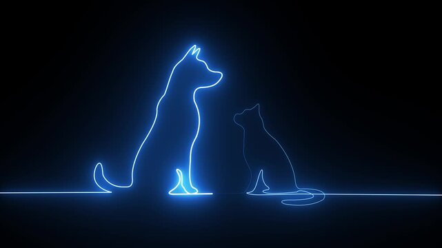 Glowing blue neon line art illustration of a sitting dog and cat on a solid black background
