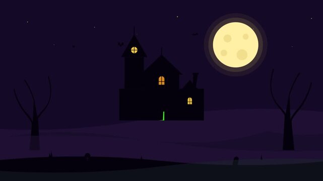 Night scene of castle under full moon with trees.