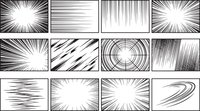 Collection of twelve different black and white abstract speed lines and comic style background patterns for action or energy effects Vector