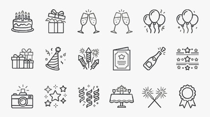 Fototapeta premium Elegant Black and White Line Art Set of Celebration Party Icons Including Cake Gifts Champagne Balloons Fireworks and More