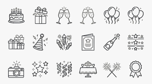 Elegant Black and White Line Art Set of Celebration Party Icons Including Cake Gifts Champagne Balloons Fireworks and More