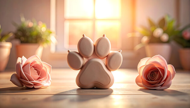 Pink dog paw and roses indoor.
