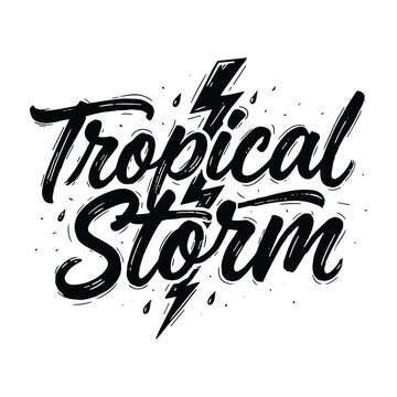 Hand drawn lettering text tropical storm with lightning bolts and raindrops isolated on transparent background