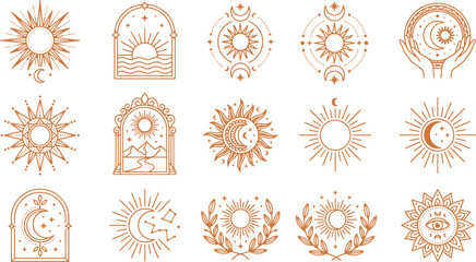 Set of celestial sun and moon icons, mystic horoscope symbols, esoteric astrology signs, boho style, line art vector graphics Vector © FocusNest