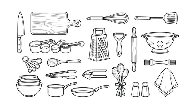 Hand drawn kitchen utensils vector set, black and white cooking equipment icons, rustic culinary tools collection for restaurant menus and food blogs