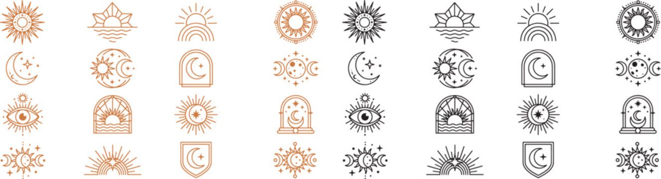 Collection of celestial and mystical line art icons: sun, moon, stars, rainbows, and eye symbols Vector