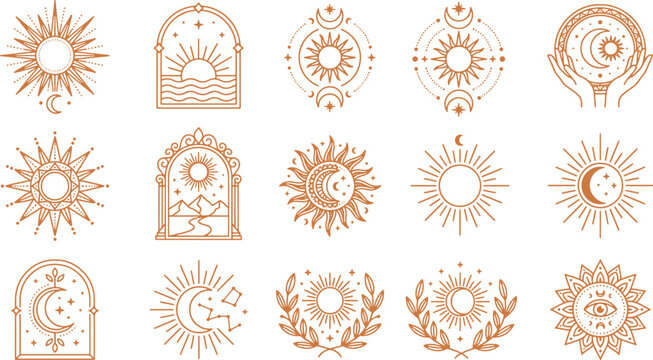 Set of celestial sun and moon icons, mystic horoscope symbols, esoteric astrology signs, boho style, line art vector graphics Vector