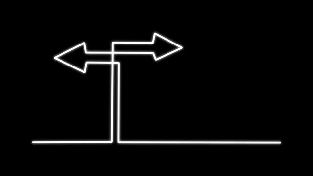 Animated line art split directional signpost on black background, business strategy and path choice concept