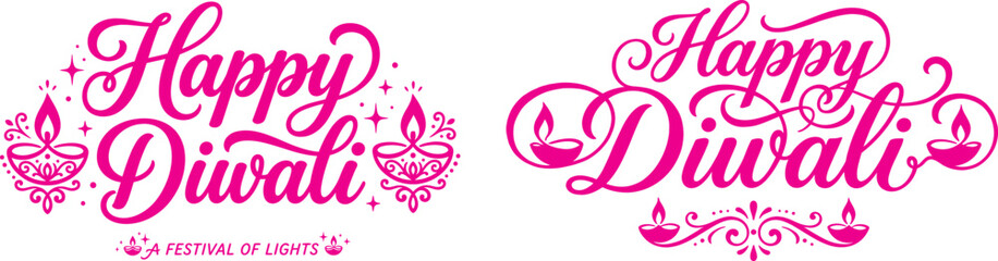Happy diwali day festive pink calligraphy with traditional oil lamps decorations © Ragia