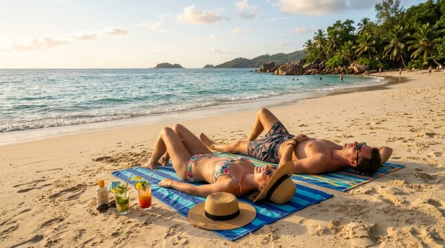 Couple relaxing and sunbathing on a tropical beach with drinks