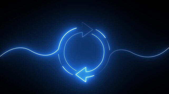 Glowing blue neon refresh icon with wavy lines on a dark background