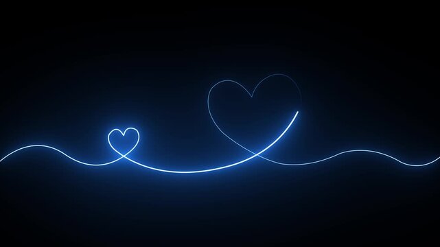 Two glowing blue neon heart shapes connected by a thin light line on a dark black background