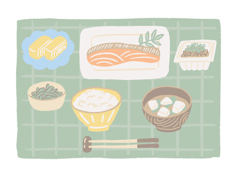 焼き鮭と納豆のある健康的な和定食とランチョンマットの手描きイラスト / Hand-drawn illustration of a healthy Japanese set meal featuring grilled salmon and natto, with a placemat.