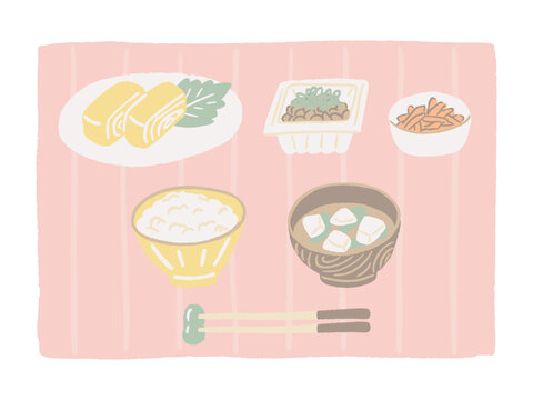 卵焼きと納豆のシンプルな和食朝ごはんとランチョンマットの手描きイラスト / Hand-drawn illustration of a simple Japanese breakfast featuring rolled omelet and natto, set on a placemat.