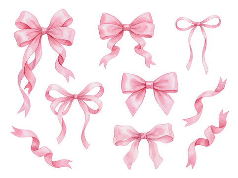 Pink watercolor bows set, hand drawn ribbon elements isolated on white background