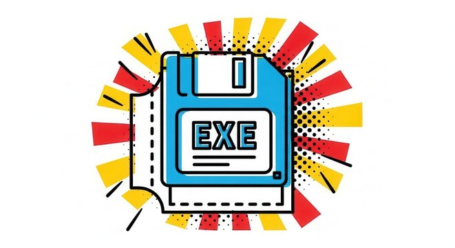 Retro EXE Floppy Disk with Pop Art Sunburst Background