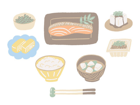 焼き鮭や納豆など和食の食べ物素材セットの手描きイラスト / Hand-drawn illustrations of Japanese food ingredients, such as grilled salmon and natto.